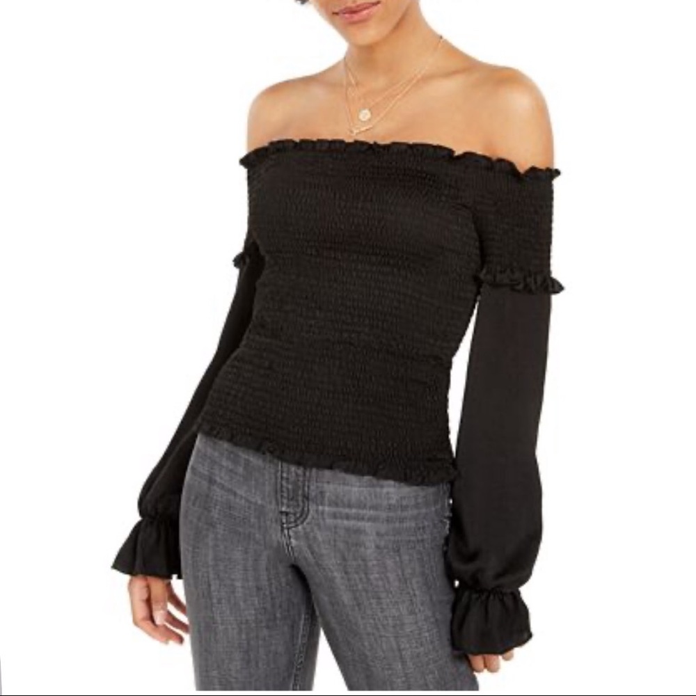 Feminine Peasant-Inspired Black Off Shoulder Top